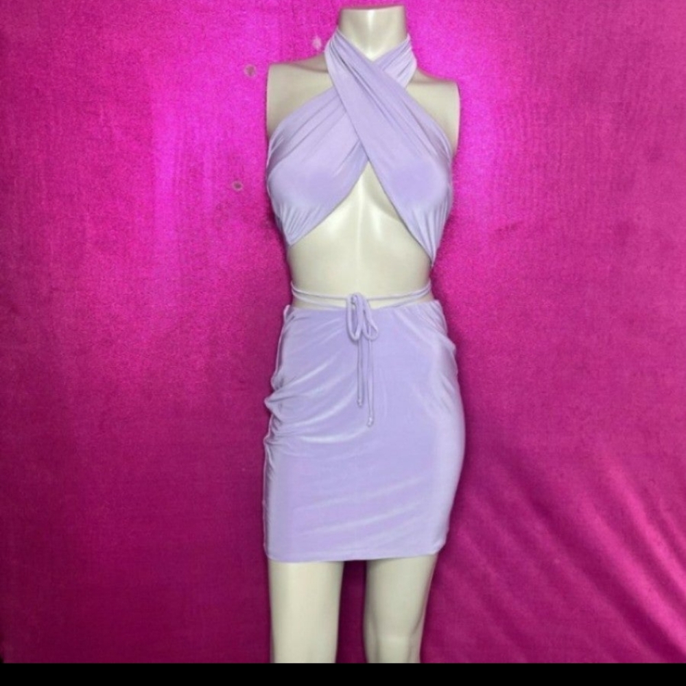 🆕Purple Lilac Sexy Two Piece Open Front Halter Top & Skirt Dress Set    Size M - Picture 6 of 13
